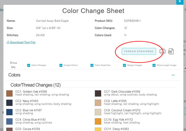 A screenshot of the Embroidery Library color change sheet with the "thread exchange" button circled
