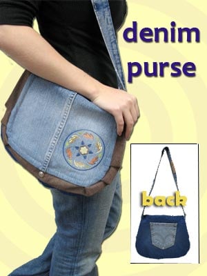 Denim blue shoulder bag with cross stitch embroideries