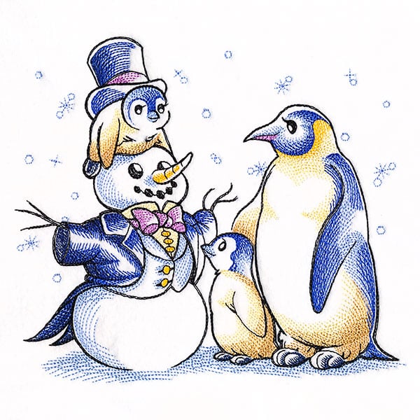 Penguins and Snowman Scene