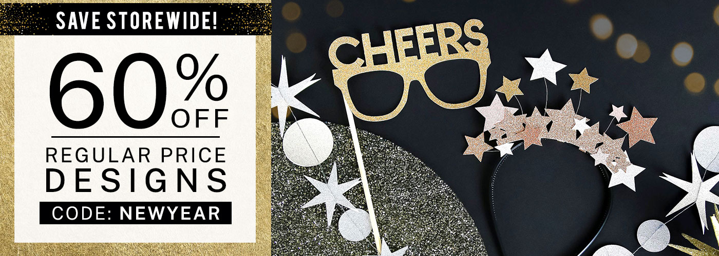 60% off sitewide with code NEWYEAR at checkout. Image features a headband covered in glittery paper stars, paper star garland, and a pair of glasses with the word cheers on top.