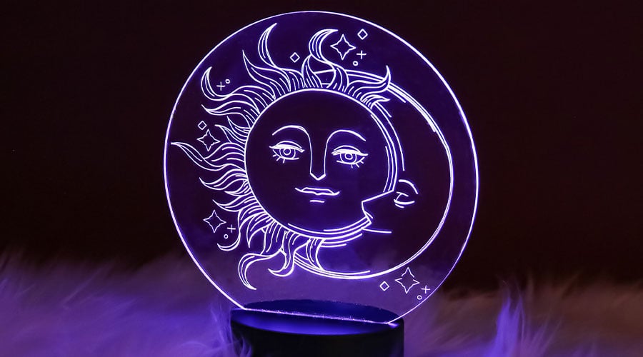 engraving on acrylic - celestial moon on acrylic nightlight