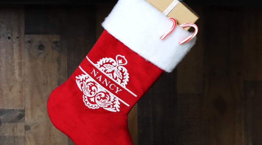 Stocking Tutorials - Exquisite Bell with personalized Name (Nancy) on a red stocking