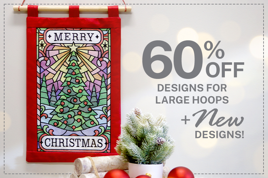 60% off designs for large hoops + new designs! Image features: New Merry Christmas Stained glass design on a wall hanging