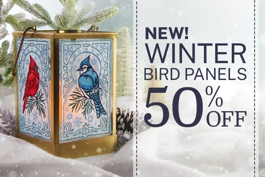 50% off New Winter Bird Panels. Image features - Cardinal and Blue Jay design on organza in lantern 