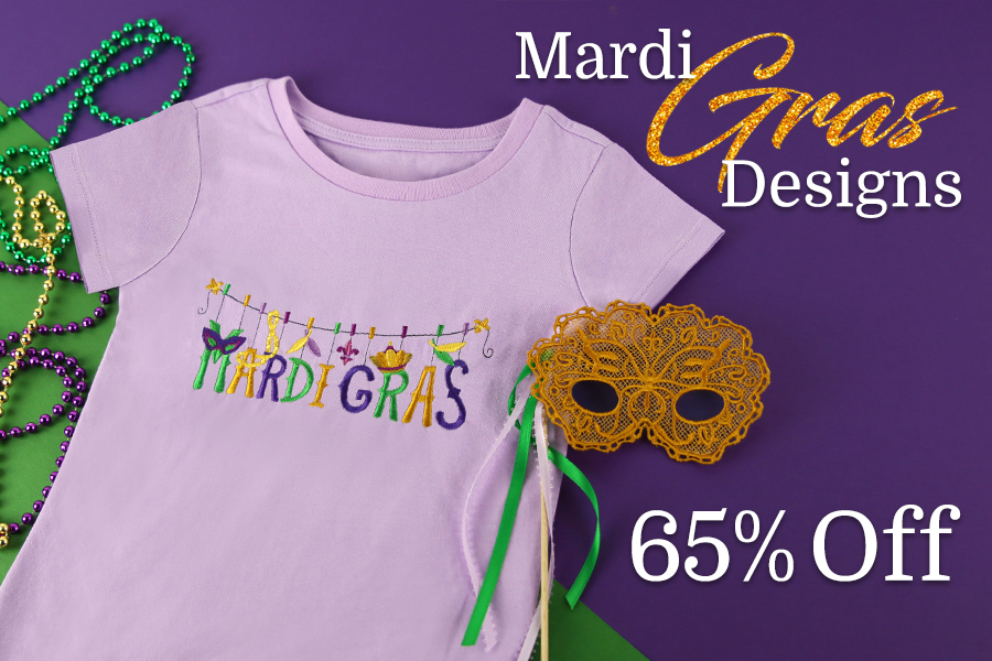 Mardi Gras design - 65% off - image features: mardi gra design on t-shirt and freestanding lace mask design