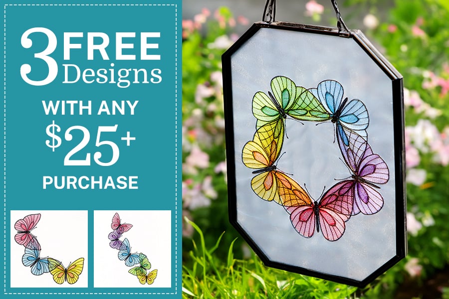 Free Butterfly designs with any $25+ purchase - image features: designs in float frame