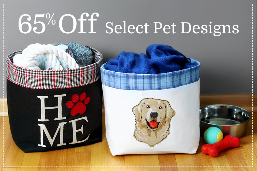 65% off select pet designs - Image features two fabric baskets. One is embroidered with a HOME design featuring a paw print; the other is an applique golden retriever face.