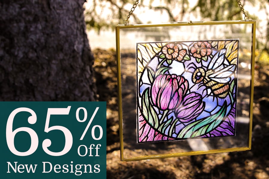 New designs - 65% off  - image features: stained glass bee