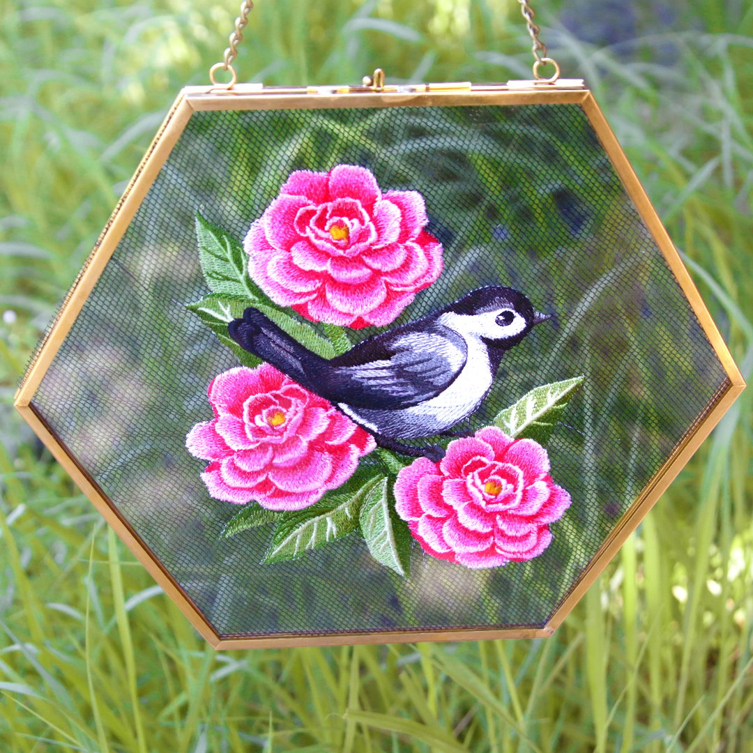 Embroidering on Screens - chickadee and peony on screen