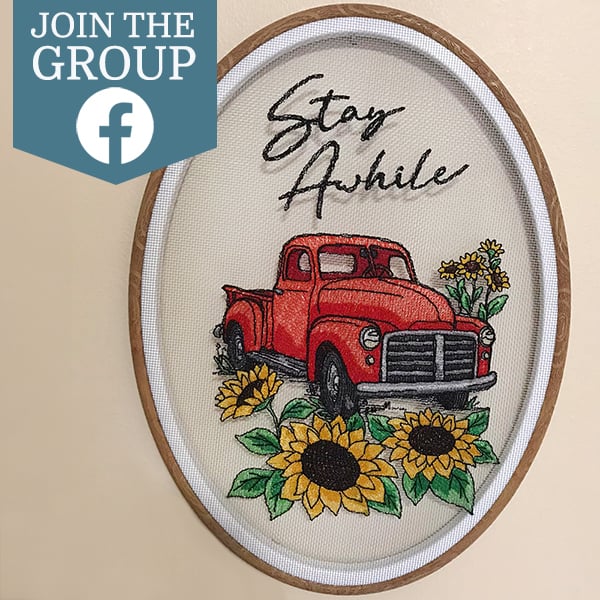 Join the Facebook group - stay awhile retro truck with sunflowers on screen 