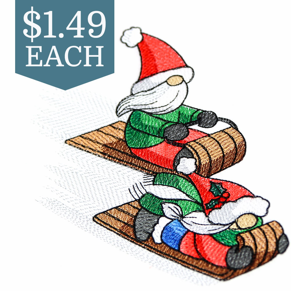 Winter Sledding Gnomes - $1.49 each - Limited time deal - two gnomes on sleds going down a hill 