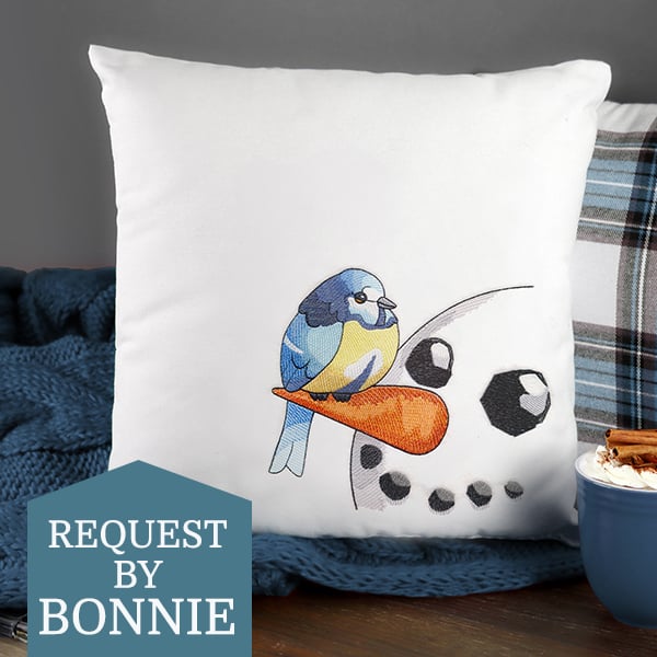 Request of the week: Snowman with Tit bird on pillow with hot cocoa