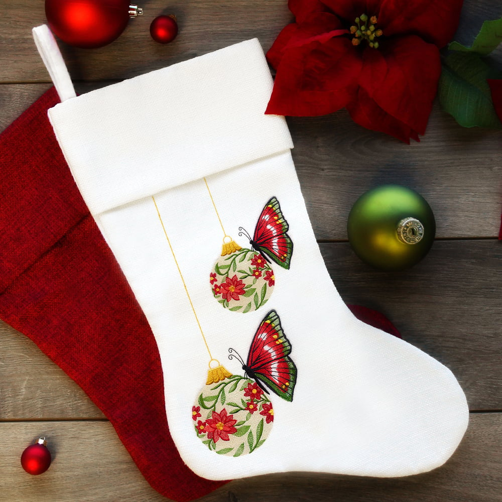 Classic Christmas Stocking tutorial - featuring butterfly and ornament on stocking
