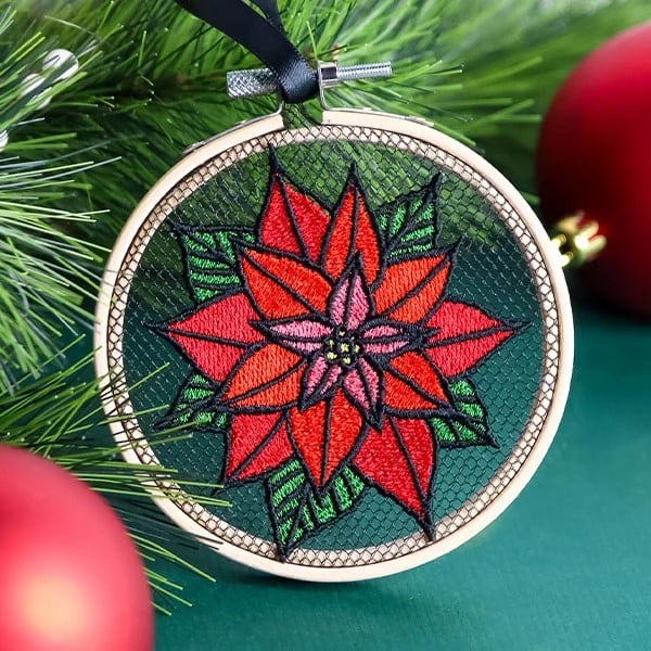 Designs for screens - Christmas poinsettia on screen in hand embroidery hoop