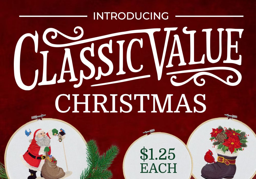 Classic Value Christmas - $1.25 each - image features: Santa with gifts and santa boot with Christmas flowers in hand embroidery hoops