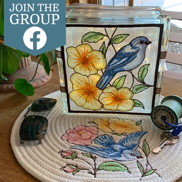 Join the Facebook group - Applique bird scene on glass block and rope placemat
