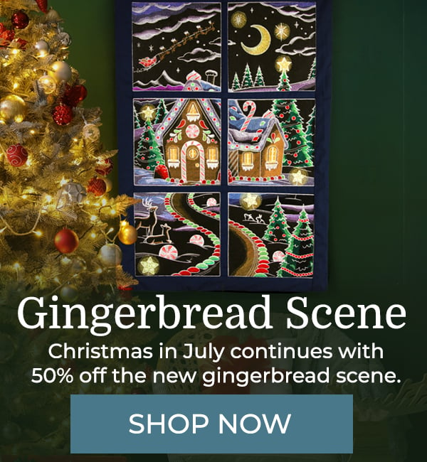 Christmas in July- 50% off new designs - Gingerbread scene featuring candy and santa's flight on wall hanging with christmas tree