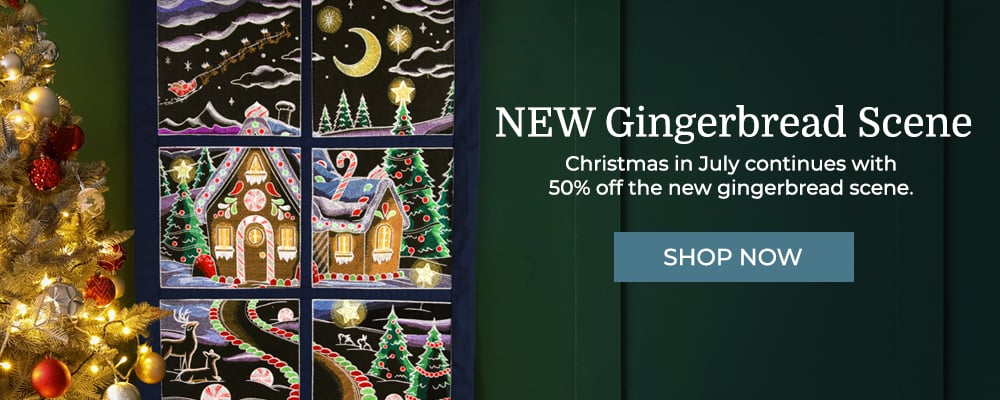 Christmas in July- 50% off new designs - Gingerbread scene featuring candy and santa's flight on wall hanging with christmas tree