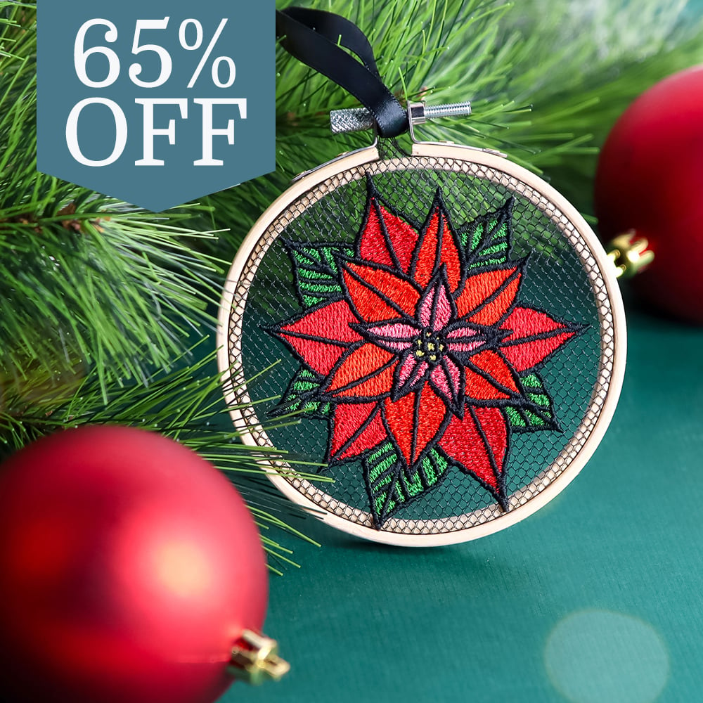 65% off Christmas screen designs - image features: Poinsettia on screen surrounded by pine and ornaments