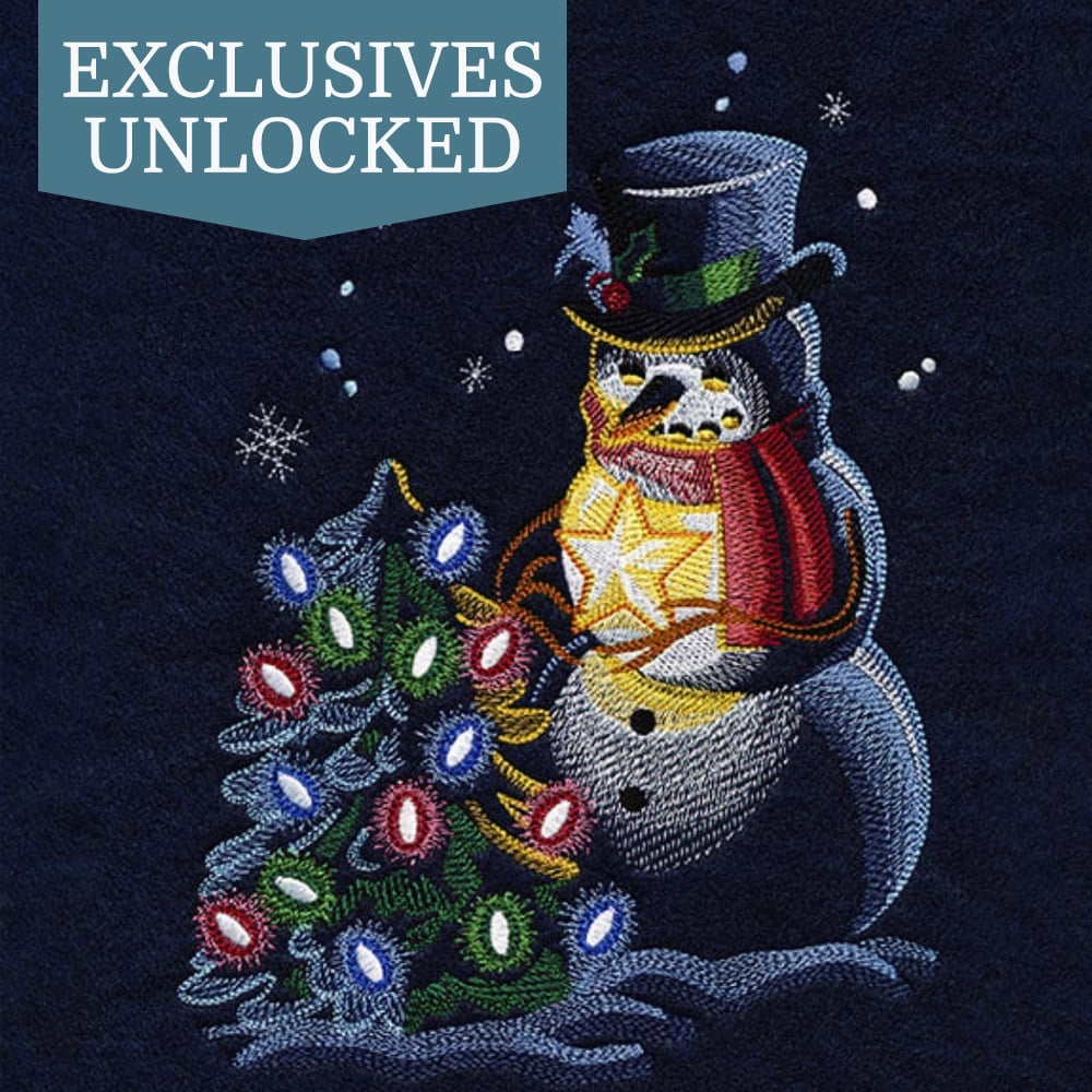 Previously exvlusive designs - image features: Christmas Snowman with star by tree with lights