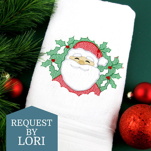Request of the week: Jolly Santa (Embossed) on Terry Cloth towel surrounded by ornaments and pine