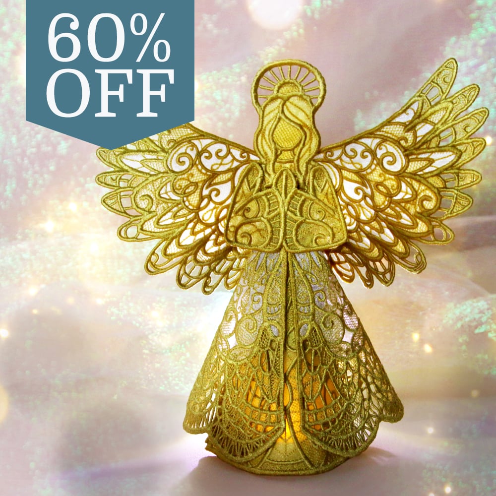 Weekly Sale - Christmas Lace - 60% off - image features: 3D Angel stitched in gold thread 