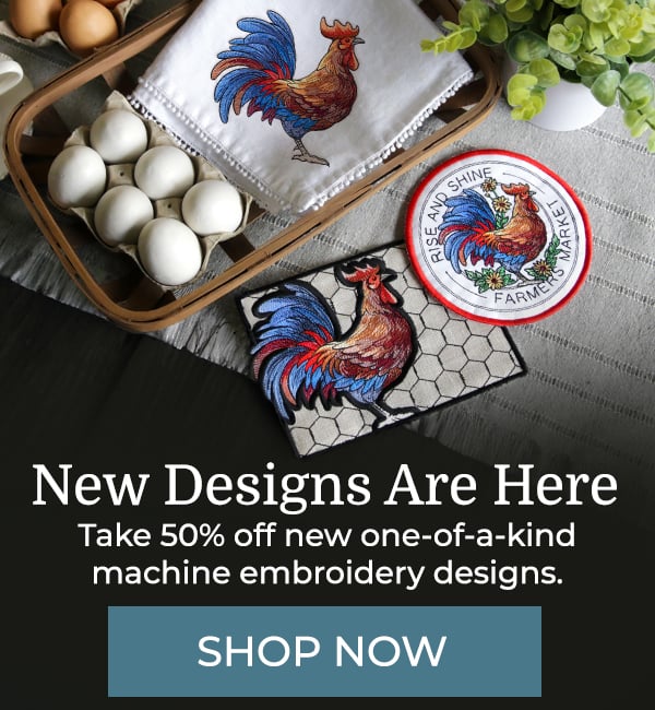 Wild Stitches - 50% off - image features: Rise and Shine Rooster, coaster, and mug rug on table setting with eggs, tea and basket