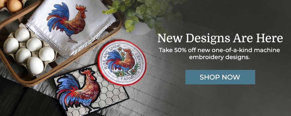 Wild Stitches - 50% off - image features: Rise and Shine Rooster, coaster, and mug rug on table setting with eggs, tea and basket