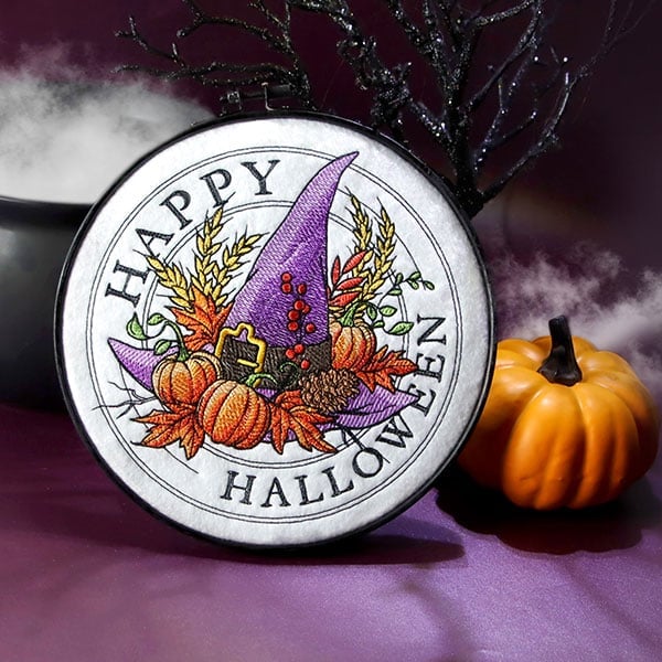 Halloween - image features: Happy Halloween witch hat in hand embroidery hoop