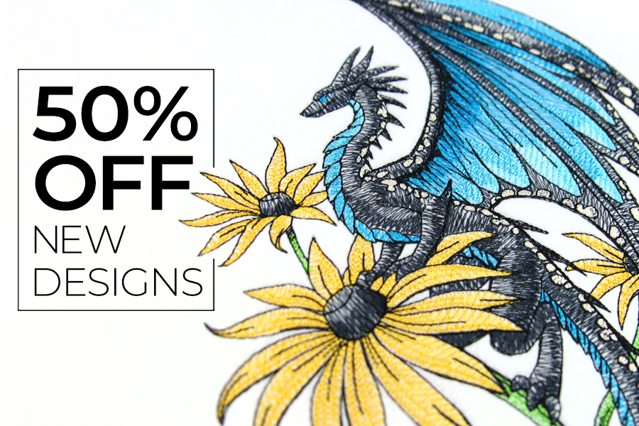 50% off new designs at Urban Threads - image features: dragon and flower design