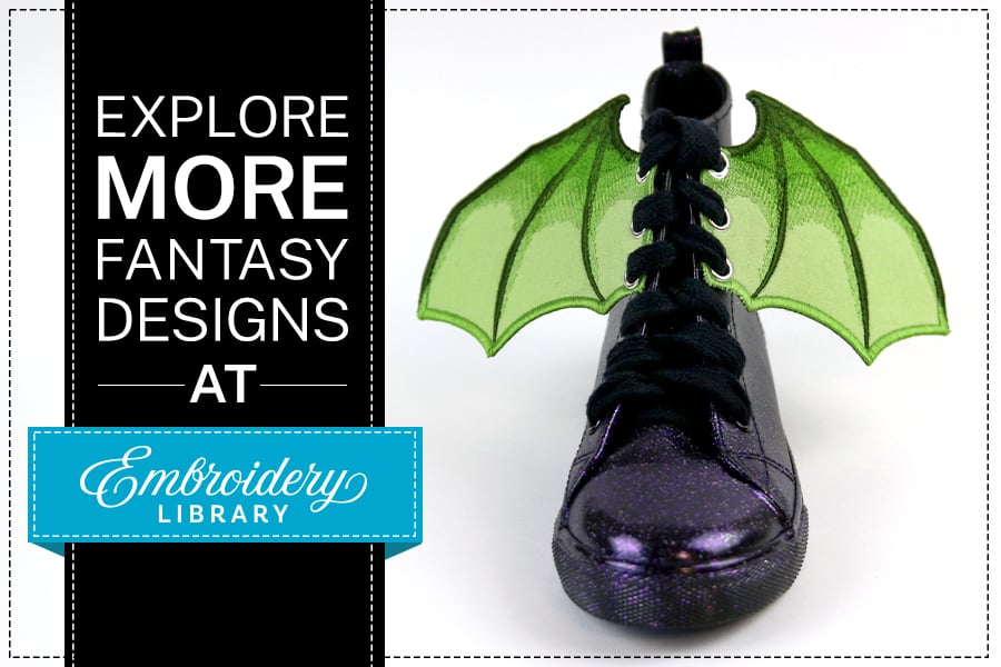 Explore More Fantasy designs at Embroidery Library - image features - dragon wings on shoe laces