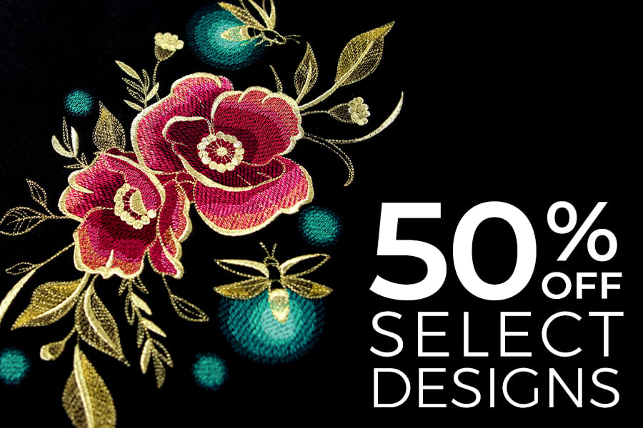 50% off select designs - image features: Floral design