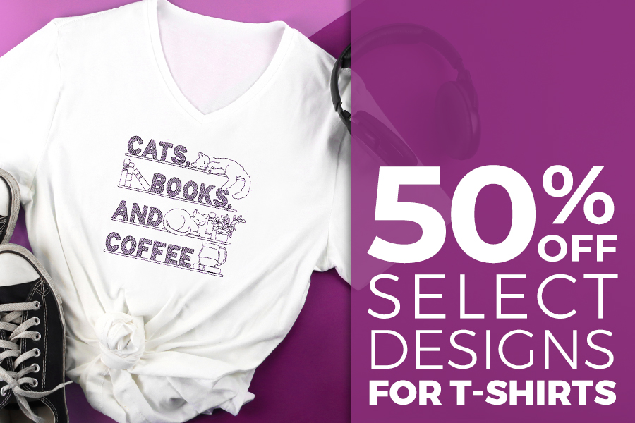 50% off select designs for t-shirts - image features cats, books and coffee