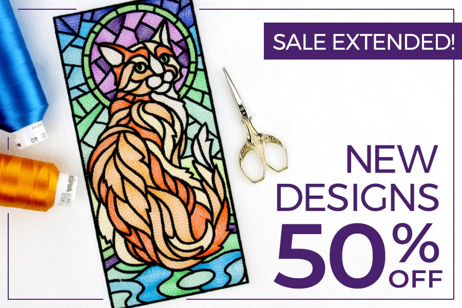 50% off new designs - image features: stained glass cat