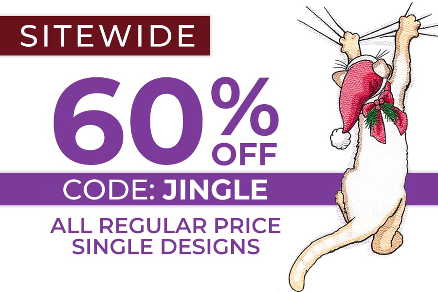 60% off ALL regular price single designs with code: JINGLE - image features: Santa kitty hanging from fabric 